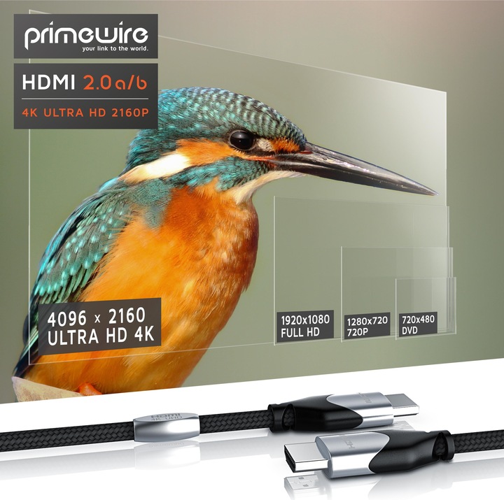Actual product image Primewire HDMI cable 2.0b - 4k 60Hz Ultra HD - Ethernet Highspeed - 3 x shielded - Full HD - 3D - ARC (0.50 m, HDMI)