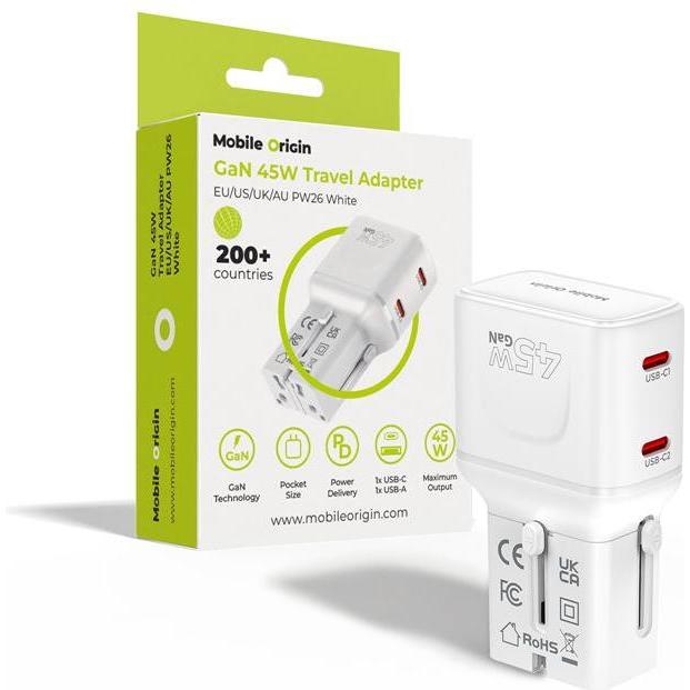 Mobile Origin, Adattatore da viaggio, Adattatore da viaggio da 45W, UE/US/UK/AU PW26, bianco