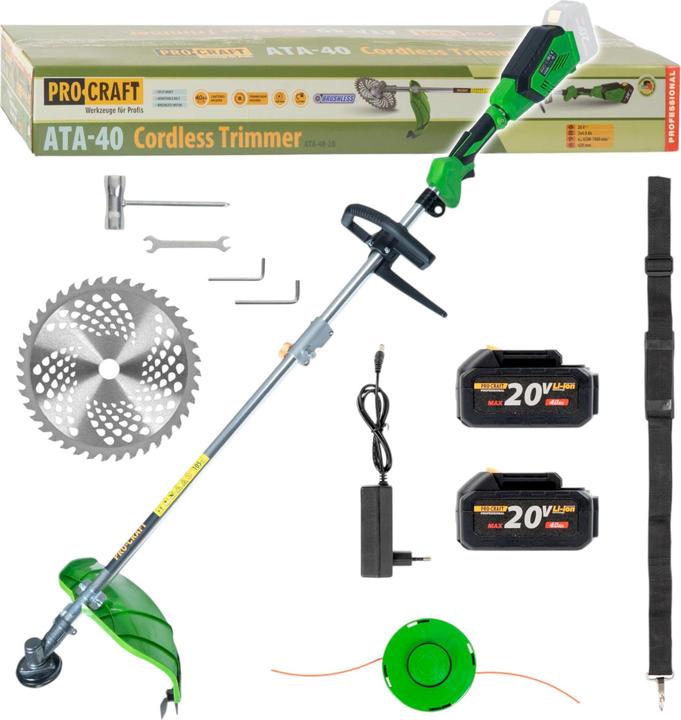 Produktbild Procraft ATA-40 Akku Freischneider 20 V 420 mm Brushless + 2x Akku 4,0 Ah + Ladegerät (Metallschneideblatt, Trimmfaden)