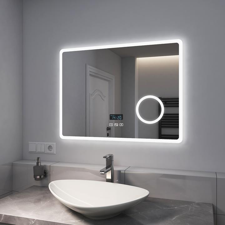 Actual product image Emke Bathroom Mirror With Lighting 80*60cm,3X Magnification,Bluetooth-Audio, 3CCT(3000K-6500K)