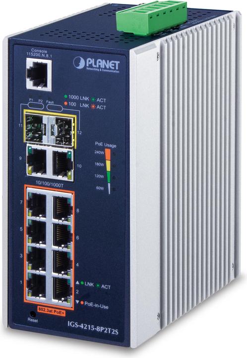 Actual product image Planet Industrial 8-port 10/100/1000T 802.3at PoE + 2-port (10 ports)