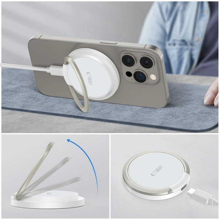 Actual product image Tech-Protect QI15W-A33 inductive charger with MagSafe and stand with USB-A / USB-C cable - white (15 W)