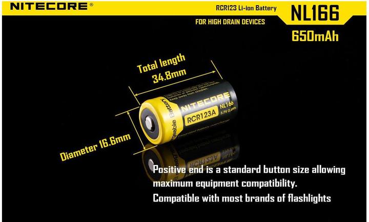 Actual product image Nitecore Li-Ion battery type 16340 - NL166