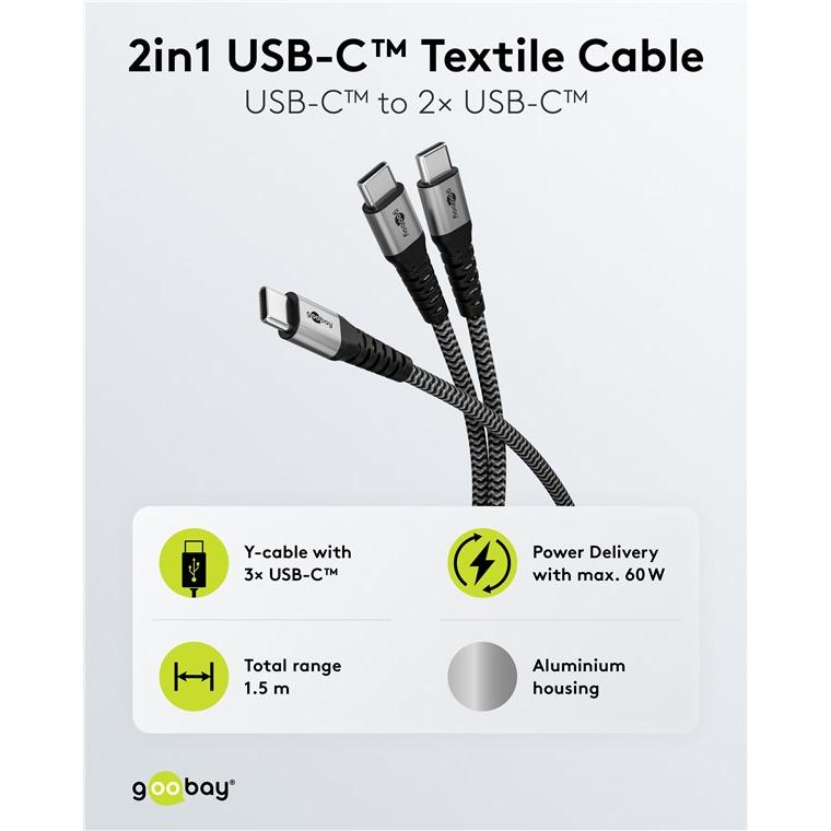 Thumbnail - Goobay USB-C-Textilkabel, 60 W, Power Delivery, 1,5 m, schwarzgrau (1.50 m, USB 3.2 Gen 1), USB Kabel
