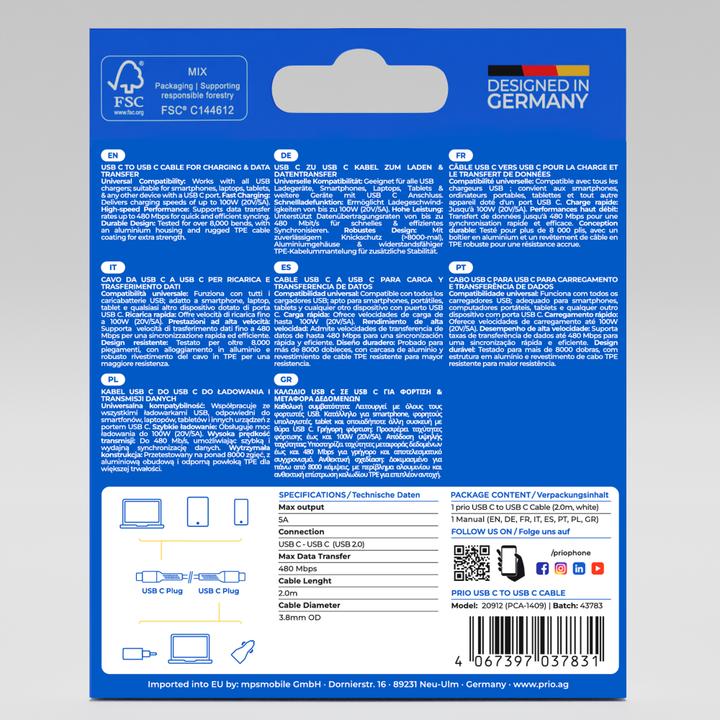 Image du produit prio Câble de charge et de données USB C vers USB C 2,0 m blanc (2 m, USB 2.0, 100 W)