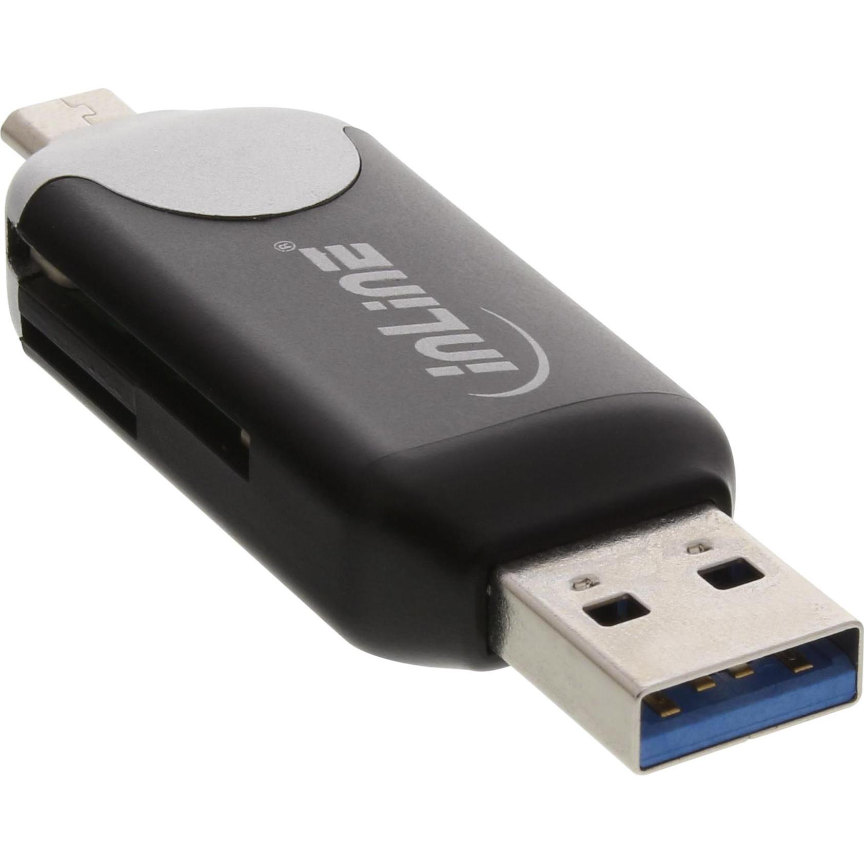 InLine Lettore di schede USB OTG con doppia interfaccia USB 3.0 e Micro-USB 2.0, per SDXC e microSDXC (Micro USB, USB 3.0), Lettore di schede di memor