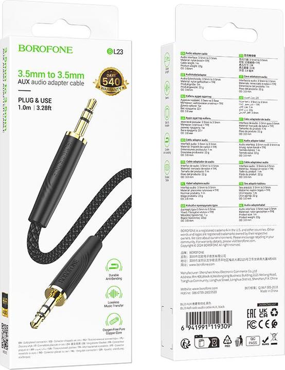 Immagine prodotto Borofone Kabel AUX BL23 Verfeinert - Klinkenstecker 3,5mm auf Klinkenstecker 3,5mm - 1 Meter Schwarz (1 m)