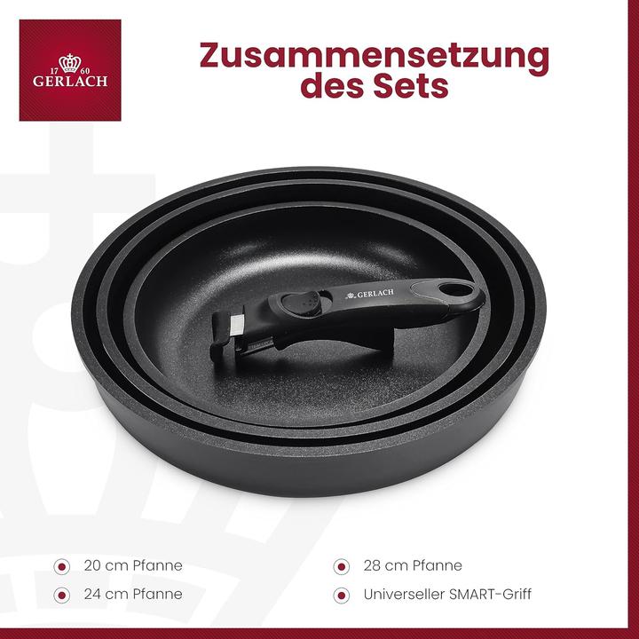 Actual product image Gerlach SMART set of 3 aluminum pans Ilag 20/24 / 28cm with removable handle 994R (Pan set + pot set, Aluminium, 26 x 3 cm)