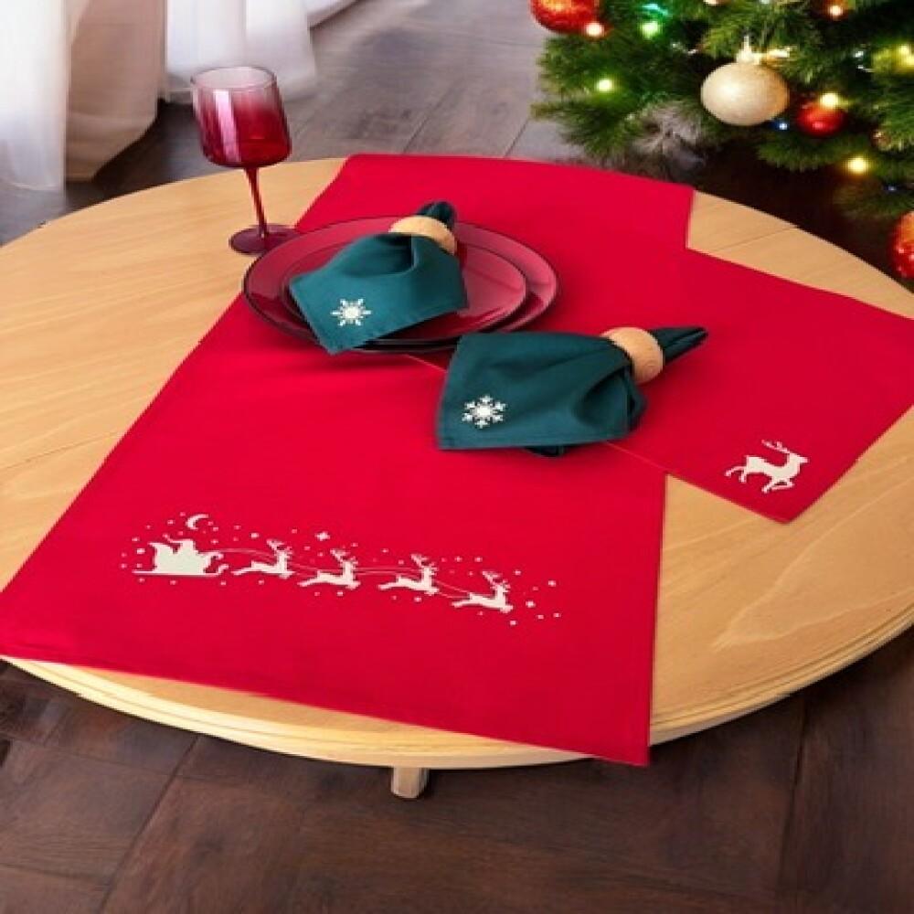 Atölye No:35, Tischdecke, Weihnachtlicher Tischläufer Rot mit Santa&Rentier Golddruck 40x140 Weihnachtsdeko (40 x 140 cm...