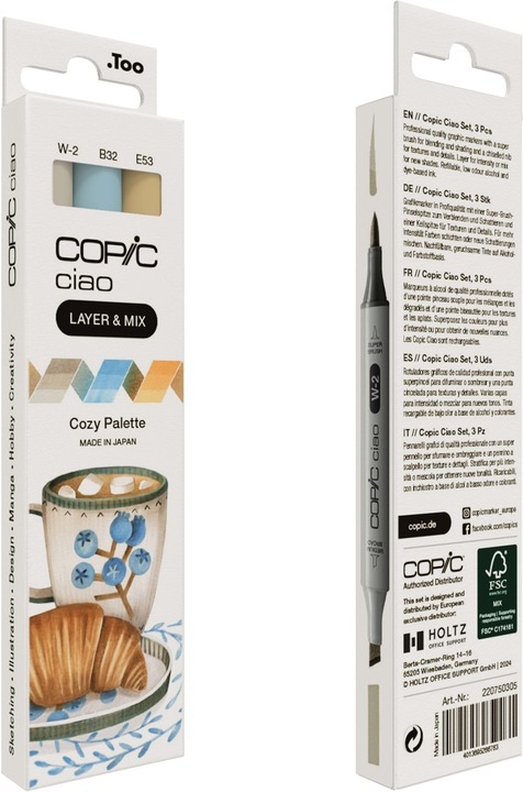 Actual product image Copic CIAO - Brand (Cozy Palette. B-32 Pale Blue, E-53 Raw Silk, W-2 Warm Gray No. 2, 6 mm, 3 x)