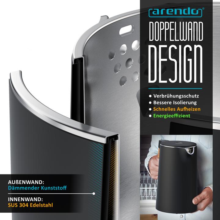 Image du produit Arendo Bouilloire en acier inoxydable 1,5 L, 2200 W, réglage de la température 45°C - 100°C, fonction (1.50 l)