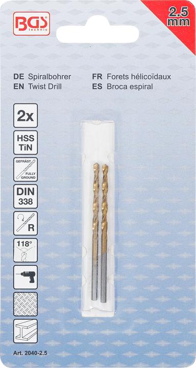 Produktbild BGS Spiralbohrer HSS-G titan-nitriert 2,5 mm 2-tlg. (2,5 mm)