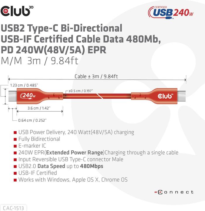 Image du produit Club 3D USB C - USB C (3 m, USB 2.0, 240 W)