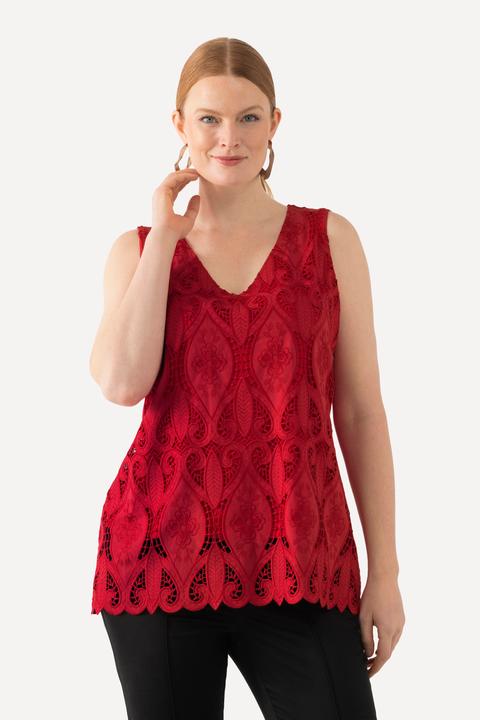 Image du produit Ulla Popken Chemisier en dentelle avec col chemise, silhouette en A, ourlet « festonné » et manches 3/4 (42, 44)
