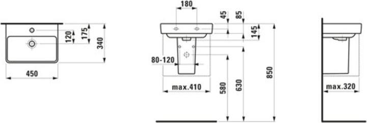 Produktbild Laufen Handwaschbecken PRO S Spezialausf 450x340mm o ÜL 1 HL-Ausf. we (340 mm, 450 mm)