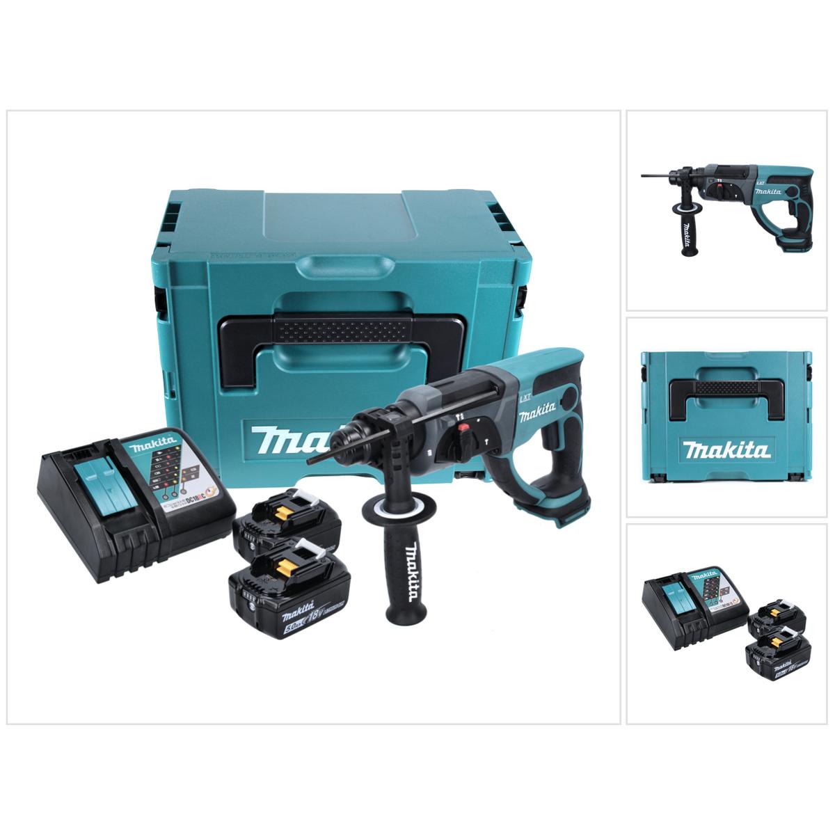 Makita, Bohrmaschine + Akkuschrauber, DHR 202 RTJ Akku Kombihammer 18V 2,0J SDS Plus im Makpac mit 2x 5,0 Ah Akku und La...