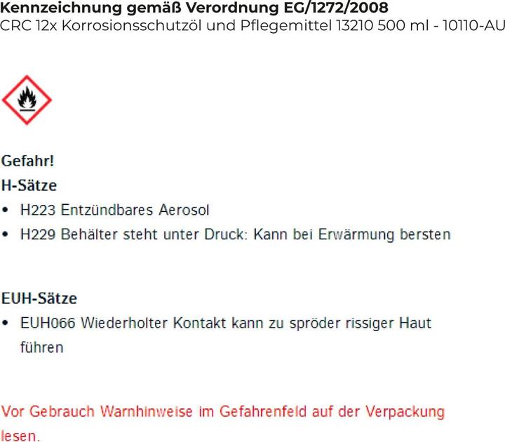 Nährwerte und Zutaten CRC Korrosionsschutzöl (500 ml)