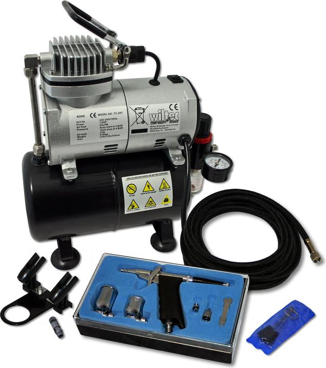 Wiltec Einsteiger Airbrush Kompressor Set AS186 Airbrushpistole DA116 Zubehör