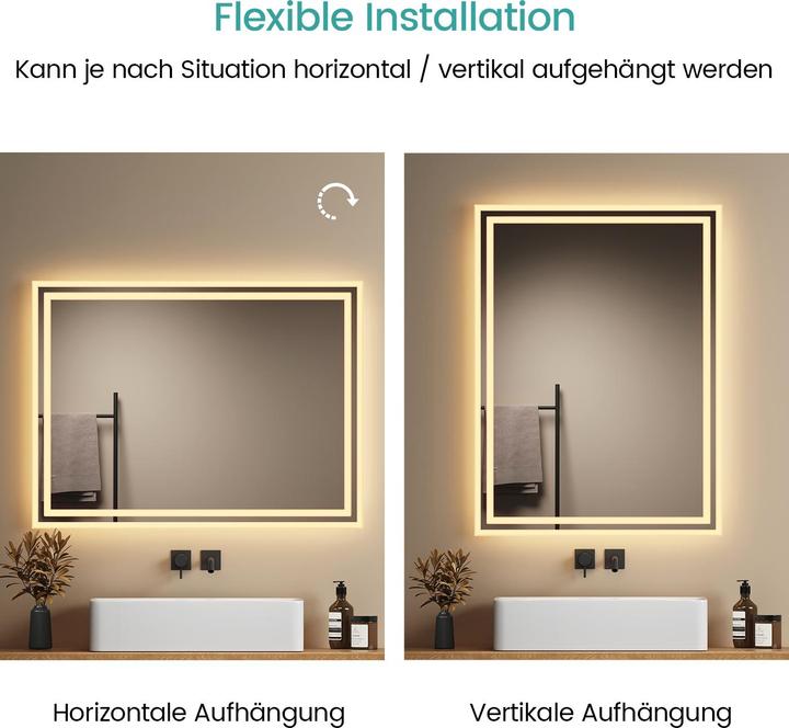 Produktbild Emke Badspiegel mit Beleuchtung 80*60cm, Warmweiss3000K, Dimmbar, Wand Schalter (80 x 60 cm)