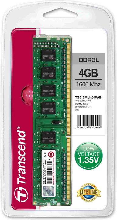 Actual product image Transcend 4GB DDR3L 1600 U-DIMM 1RX8 (1 x 8GB, 1600 MHz, DDR3-RAM, DIMM)