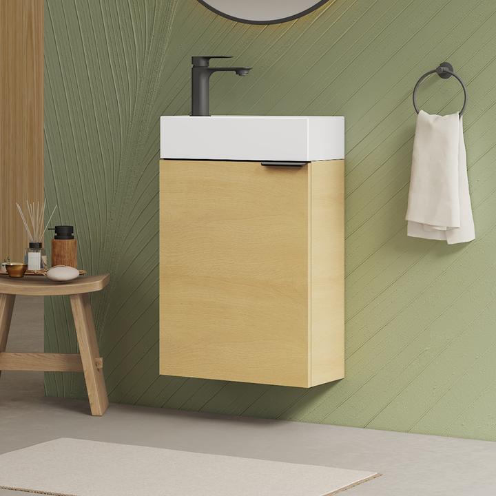 Produktbild Emke Badunterschrank mit Aufsatzwaschbecken Eiche horizontal Soft Close Tür, Einlegeböden, hängend