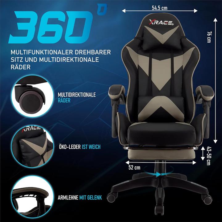 Image du produit XRace Ergonomischer Gaming-Stuhl mit Lendenwirbelstütze und Fussstütze