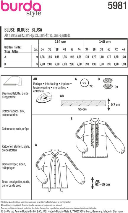 Produktbild Schnittmuster Langarmbluse mit Biesen am Ärmel