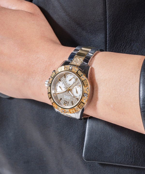 Produktbild Guess P SLV CS W/ P GLD TOP PART W/ CRYS / SUN WHT GLITZ MF DL / P SLV & GLD BRCT Armbanduhr (Uhr mit Schmuckstein, Analoguhr, 40 mm)