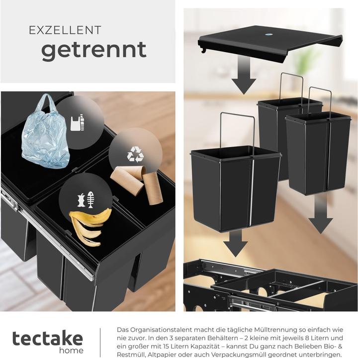 Actual product image tectake Abfallsammler Ashlyn, 3-fach Trennung, 31L, Teleskopschienen