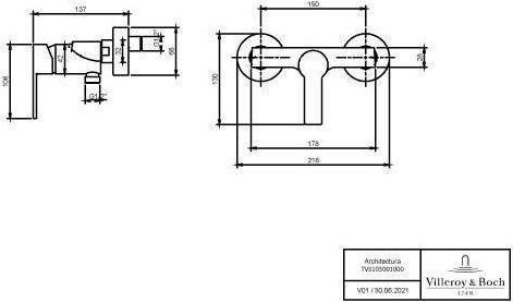 Actual product image Villeroy & Boch V&B Single-lever shower mixer ARCHITECTURA wall-mounted, 218x130x137mm chrome