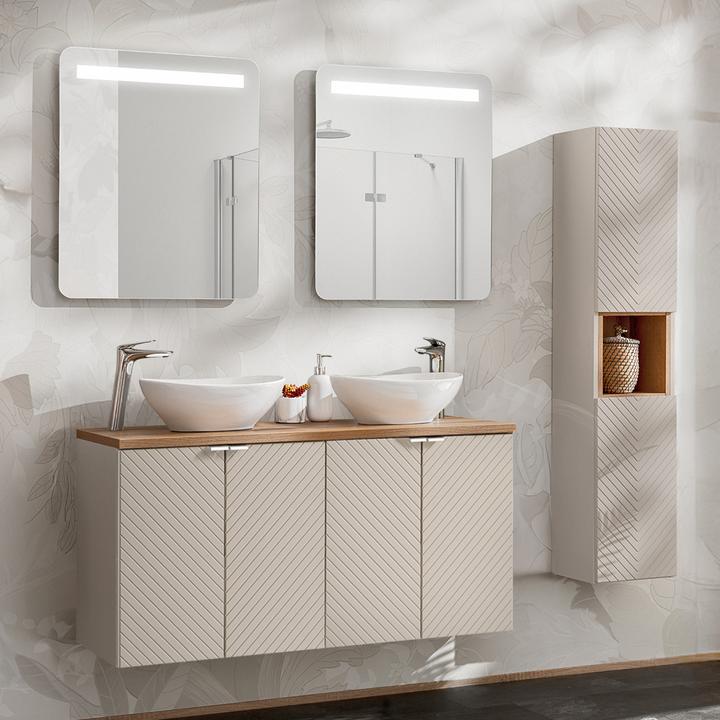 Produktbild Petits-Meubles Set aus Doppelwaschtisch 120cm 4 Türen LED-Spiegel und Säule Manoa Kaschmir und Holz