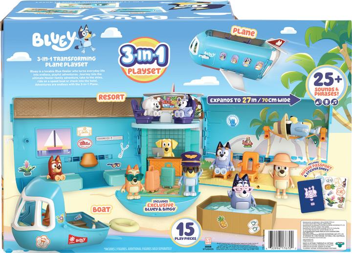 Productafbeelding Moose Bluey transformatiespeelset Holiday 3in1 vliegtuig-boot-hotel