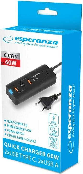 Produktbild Esperanza EZC109 Netzladegerät 60W Schwarz (60 W, 4 Ports)