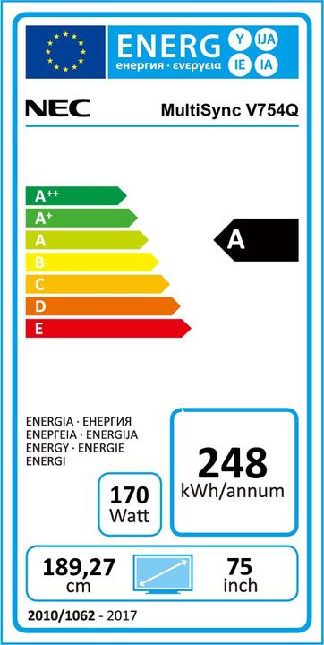 Label énergétique NEC MultiSync V754Q (3840 x 2160 pixels, 75")