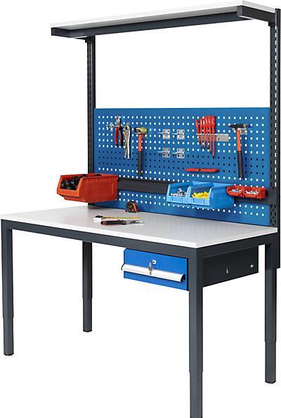Actual product image kaiserkraft Height adjustable complete workshop workstation, with single drawer, perforated (150 cm, 70 cm)