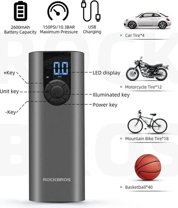 Actual product image Rockbros 42720001001 electric bicycle pump with LED display + USB-C - USB-A cable - black