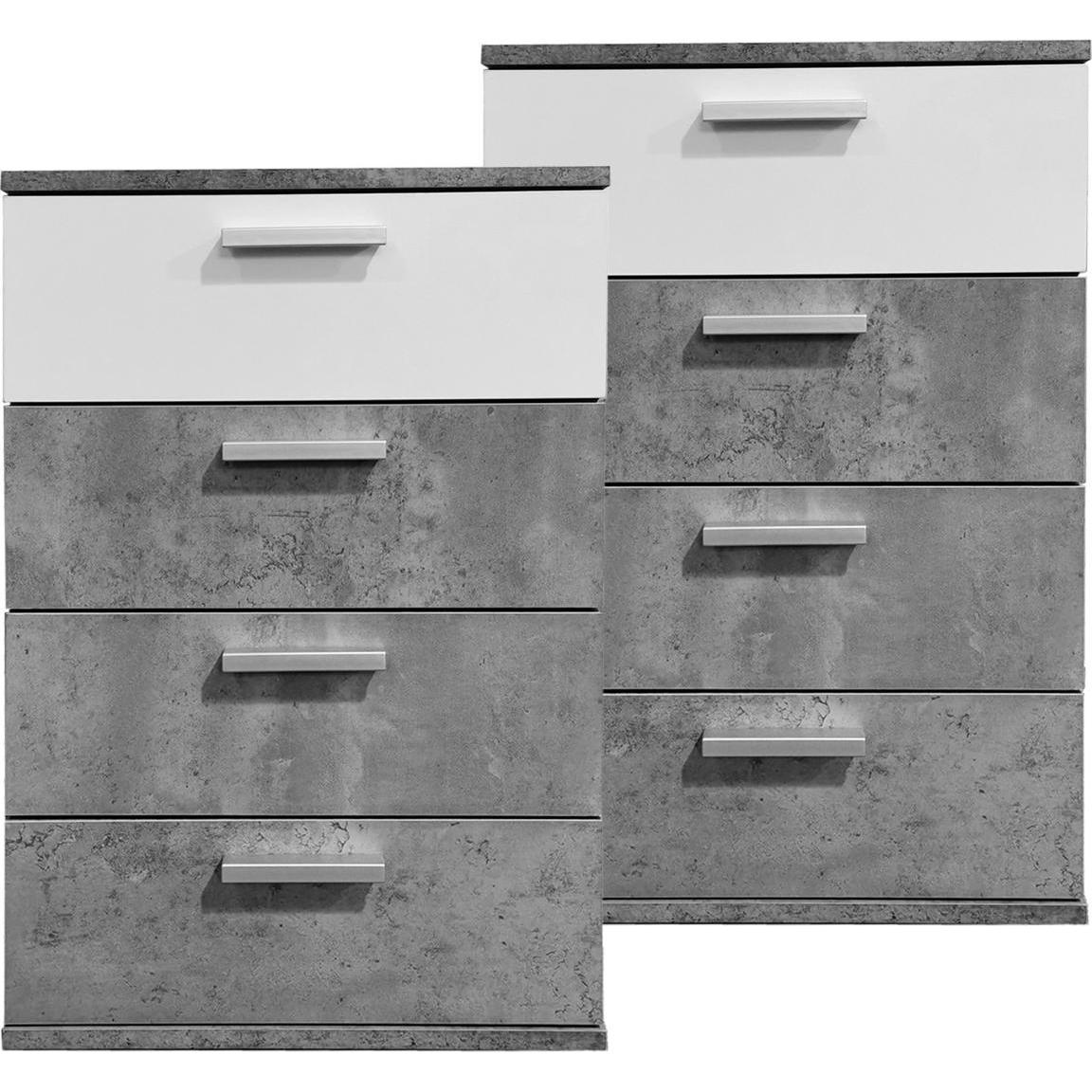 HTI-Living, Nachttisch, Nachtkommode 4 Schubladen Nina Beton Weiss 2er-Set