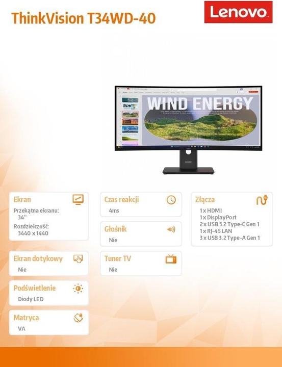 Productafbeelding Lenovo ThinkVision T34WD-40 (3440 x 1440 pixels, 34")
