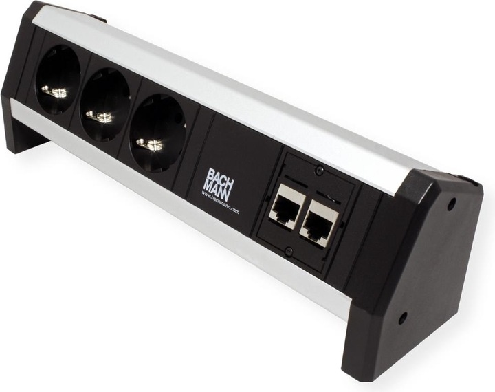 Produktbild Bachmann Tisch-Steckdosenleiste 3 Schutzkontaktsteckdosen schwarz. 2 CAT5e RJ45 Buchse/BuchseStromeingang: GS (3 x, CEE 7/4)