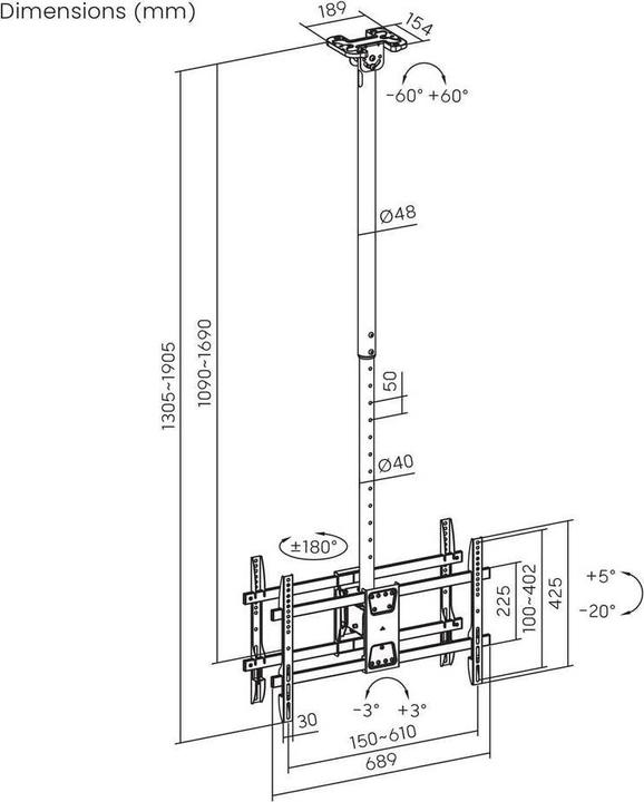 Produktbild SpeaKa Professional SP-TVCM-550 TV-Deckenhalterung Höhenverstellbar 109.2 cm 43 (Decke, 50 kg, 43" - 86")
