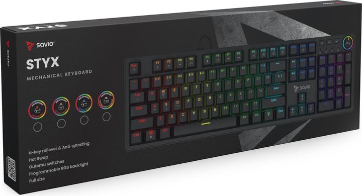 Actual product image Savio STYX Outemu Blue Hot Swap RGB Tastatur Gaming (Eng. Int., Cable)