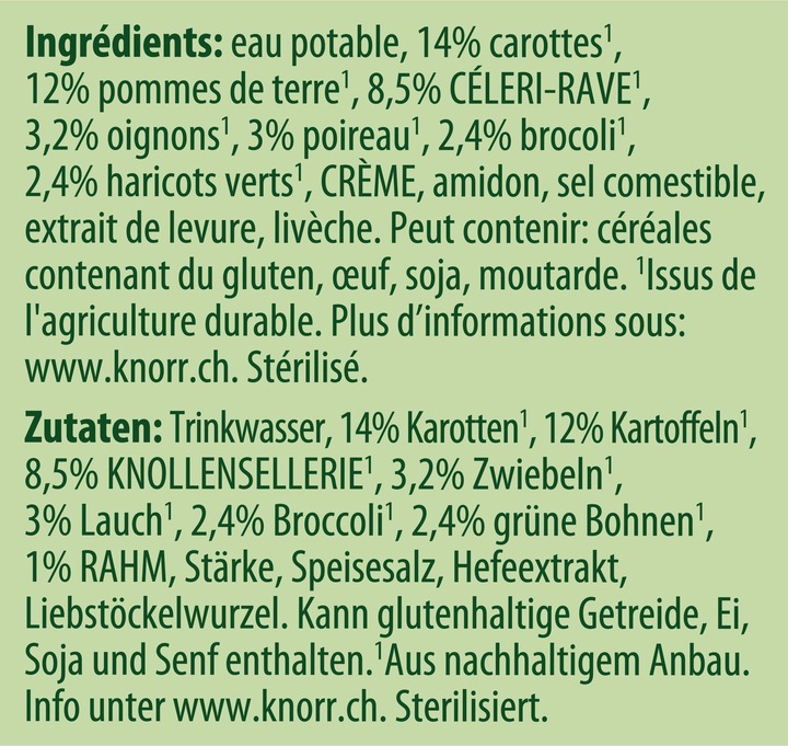 Nährwerte und Zutaten Knorr Gemüsesuppe Kombiblock, Suppe mit Broccoli, Rüebli & Lauch, Fertiggericht zum Aufwärmen (500 ml)