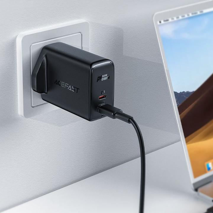 Produktbild Acefast GaN charger (UK plug) 2x USB Type C 50W, Power Delivery, PPS, Q3 3.0, AFC, FCP black (A32 UK (50 W)