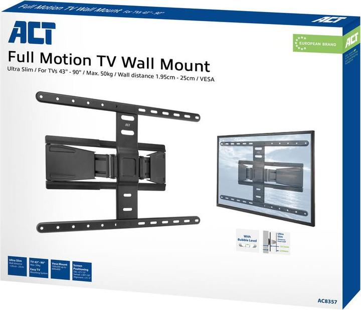 Actual product image ACT Full motion TV Wall Mount, 43" up to 90", ultra slim, VESA (Wall, 50 kg, 43" - 90")