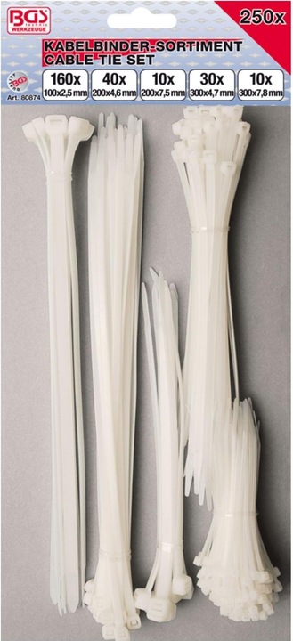 Image du produit BGS Assortiment de colliers plastique blanc diverses tailles 250 pièces (Serre-câbles en plastique, 250 mm, 250 pcs)