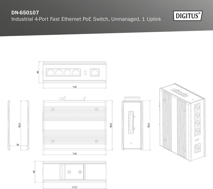 Actual product image Digitus Industrial 4-Port Fast Ethernet PoE Switch + 1 uplink port (5 ports)