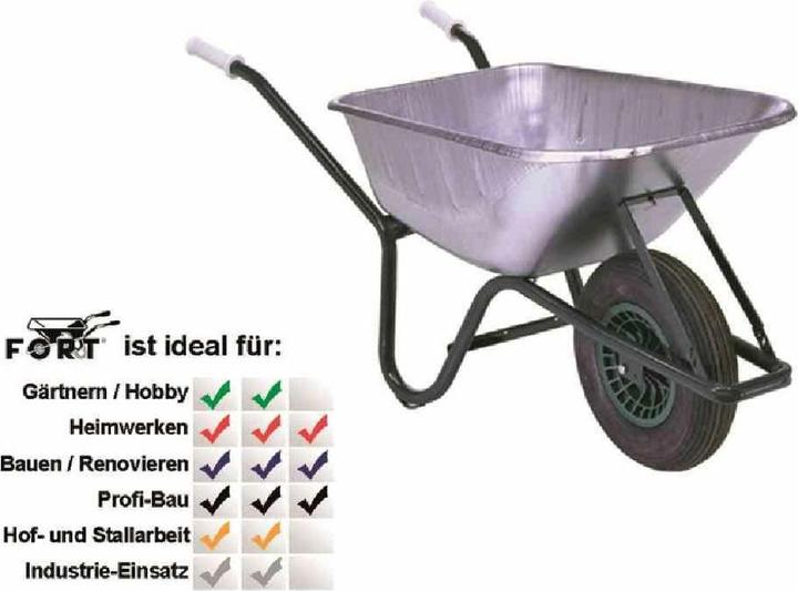 FORT Brouette de chantier 90 litres, auge profonde galvanisée, complète avec barre d'appui pour le