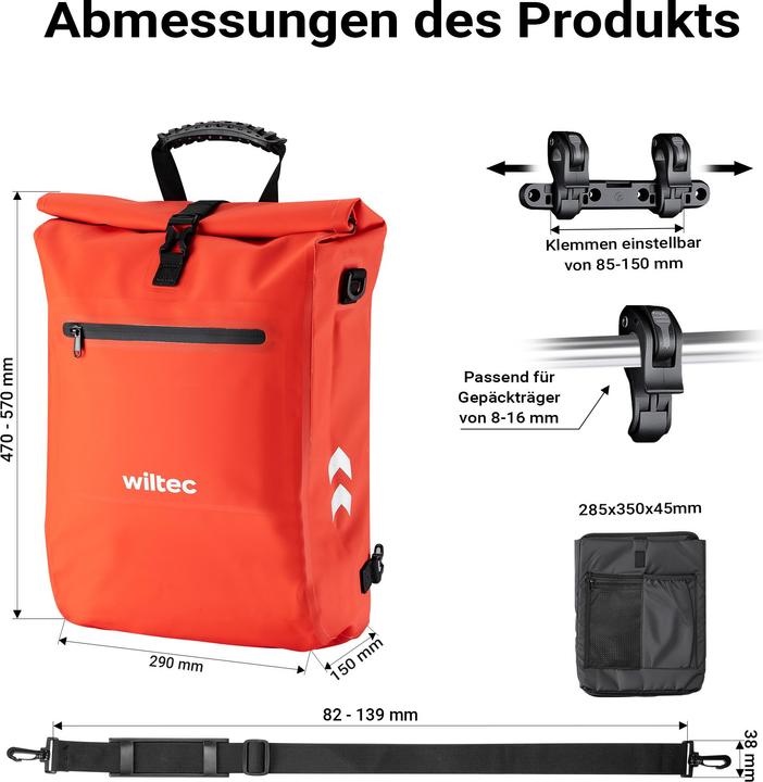 Produktbild Wiltec Gepäckträgertasche rot 25l Fahrradtasche Rucksack Gepäcktasche Laptopfach (25 l, Gepäckträgertasche)