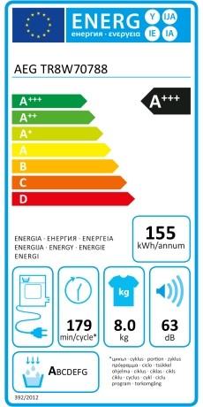 Label énergétique AEG Sèche-linge à condensation (8 kg, Droite, Modifiable)