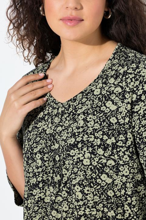Produktbild Ulla Popken Shirt, Blüten, Zierfalten, A-Linie, V-Ausschnitt, 3/4-Arm (46, 48)